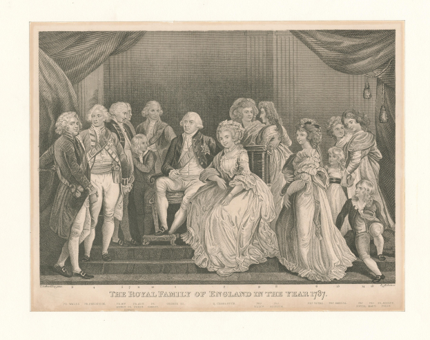 Porträt der britischen Königsfamilie im Jahr 1787, angeordnet auf und um eine Treppe mit drapierten Vorhängen im Hintergrund, begleitet von Text am unteren Rand.