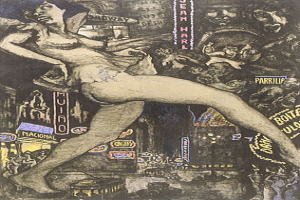 Eine Frau tanzt anmutig mit ausgestreckten Armen und Beinen vor einem bewundernden Publikum, umgeben von mutigen Texten und anderen Objekten im Hintergrund.