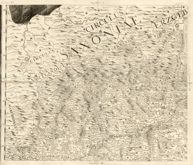 Detailierte alte Karte von Sachsen, Deutschland, die geographische Merkmale wie Flüsse, Berge und Städte mit begleitendem erklärendem Text zeigt.
