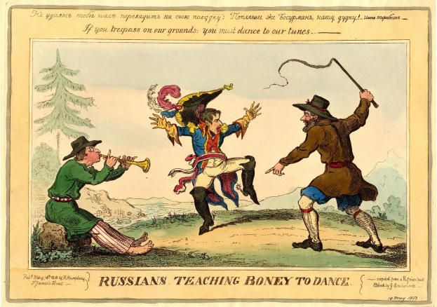 Drei Menschen im Freien, zwei mit Hüten und einer, der ein Musikinstrument spielt, mit Bäumen im Hintergrund und Text unten lesend "Russische lehren Boney zu tanzen."