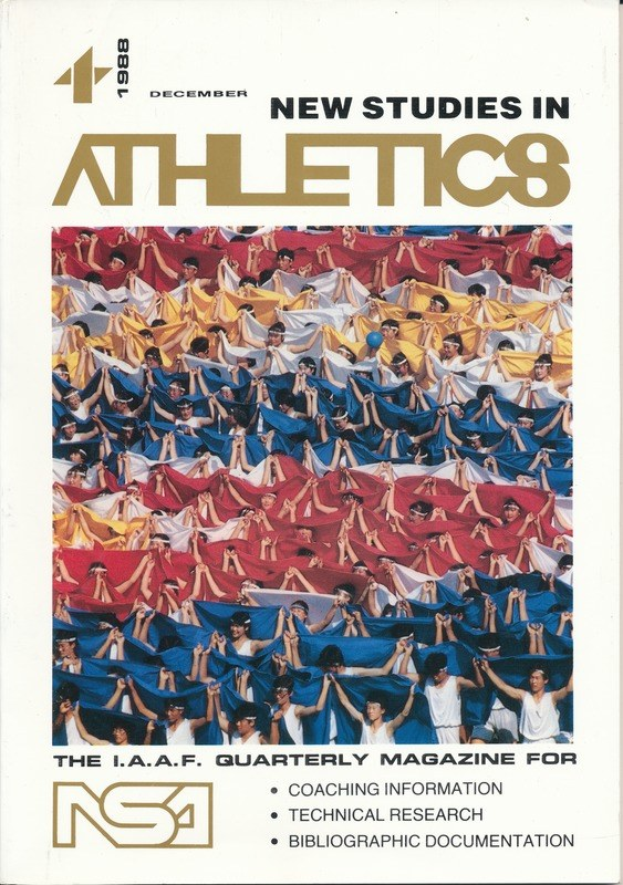 Buchumschlag mit der Aufschrift "Neue Studien im Athletics 1988", der eine Gruppe von Athleten in Trainingskleidung zeigt, vor einem hellblauen Himmel mit weißen Wolken und fernen Bäumen.