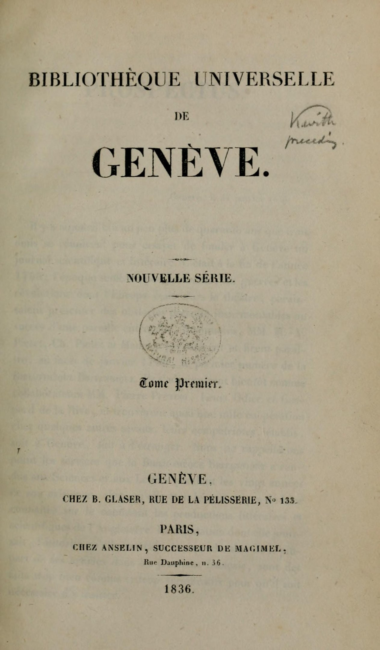 Altes Buch mit dem Titel "Bibliothèque Universitaire de Geneve" geöffnet und zeigt Text im Inneren.