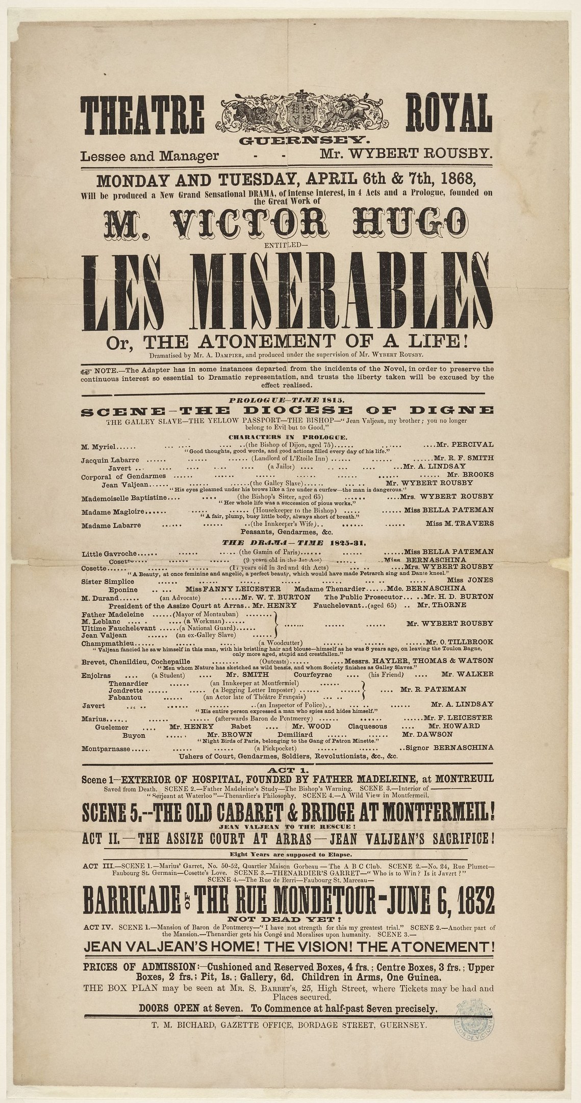 Schwarz-weiß-Anzeige in einer Zeitung für das Theatre Royal in London, die wahrscheinlich das Stück Les Misérables ankündigt.