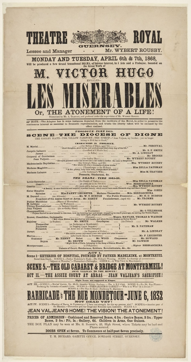 Schwarz-weiß-Anzeige in einer Zeitung für das Theatre Royal in London, die wahrscheinlich das Stück Les Misérables ankündigt.