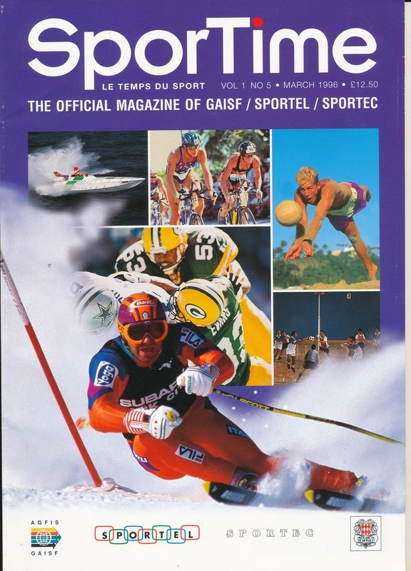 Titelbild von *Sporttime Magazine* (März 1996) mit Ski- und Snowboard-Bildern, Text und Logos.