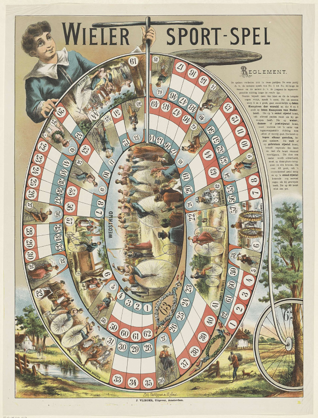 Ein Plakat mit einem Mann in einem blauen Hemd, der ein "Wheel of Fortune"-Rad hält, umgeben von Text und Bildern von Menschen, Bäumen und einem Fahrrad, wobei der Mann einen entschlossenen Gesichtsausdruck hat.