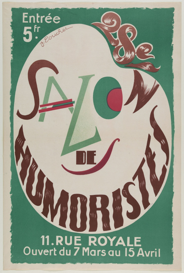 Plakat, das eine Humoristenvorführung in Paris, Frankreich, ankündigt, mit Text, der die Angebote beschreibt.