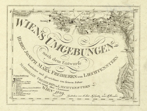 Detailierte alte Karte von Wien, Deutschland, zeigt geografische Merkmale, Städte, Ortschaften, Straßen, Sehenswürdigkeiten und Text mit zusätzlichen Informationen wie Bevölkerung.
