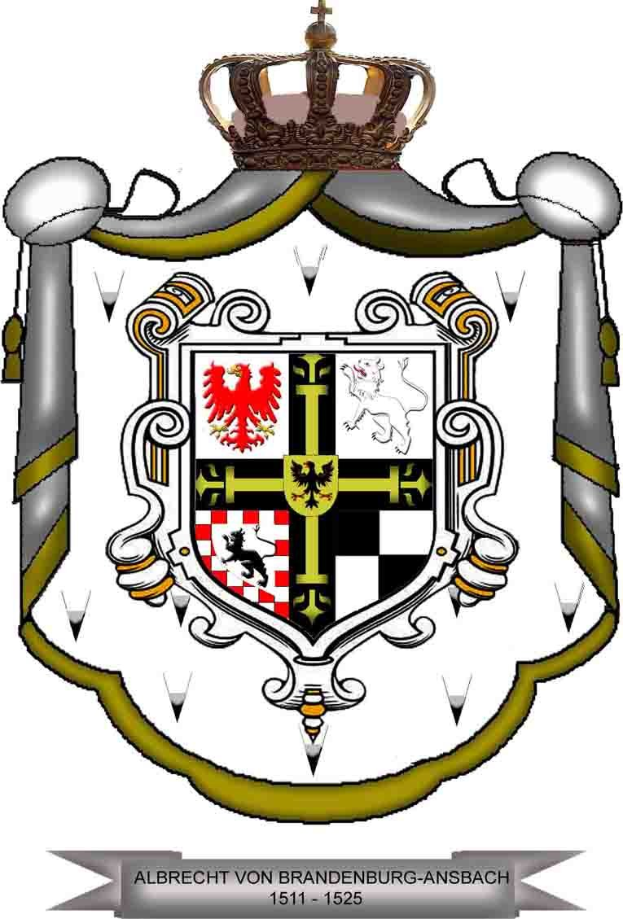 Wappen von Brandenburg-Ansbach mit einem gekrönten Schild mit einem springenden Löwen links, einem Chevron rechts und dem Wort "Brandenburg" in schwarzer Schrift darunter.