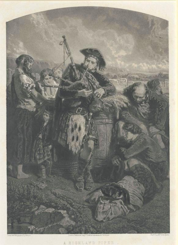 Schwarz-weißes Gravurabbild eines Mannes, der vor einem Publikum eine Dudelsack spielt, mit dem Text "Ein Highland-Pfeife" unten.