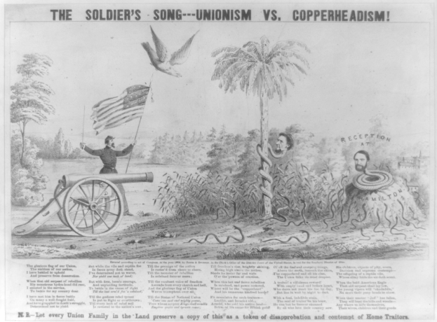 Plakat mit einer Person auf einer Kanone stehend, eine Fahne haltend, umgeben von Bäumen, Pflanzen und einer Schlange, betitelt 'The Soldier's Song - Unionism vs Copperheadism'.