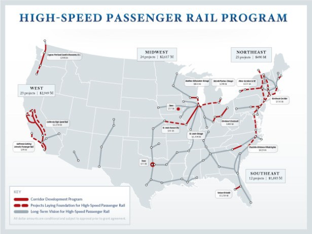 Detailierte Wandkarte des U.S.-Hochgeschwindigkeits-Passagierbahnprogramms, zeigt Routen und wichtige Standorte mit erklärendem Text.