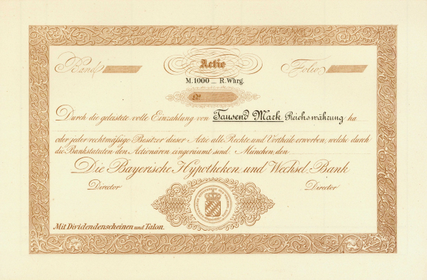 Alter Aktienchein mit goldenem Rand mit einem Porträt eines Mannes, Text und wahrscheinlich einer Bond-Bezeichnung.