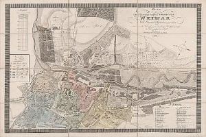 Detailierte alte Karte von Weimar, Deutschland, die Straßen, Gebäude und Sehenswürdigkeiten zeigt, mit begleitendem Text über die Bevölkerung und bemerkenswerte Merkmale der Stadt.