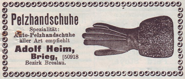 Eine alte deutsche Visitenkarte mit einem Handschuhpaar und Text.