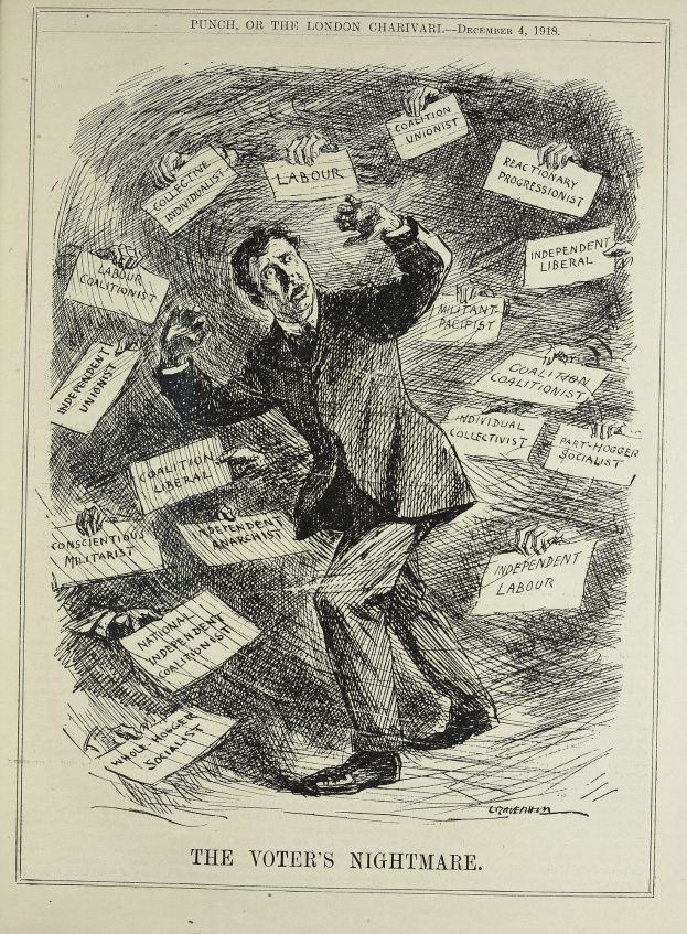 Ein Mann im Anzug und mit Krawatte hält ein Schild mit der Aufschrift "Der Albtraum des Wählers" und blickt entschlossen.