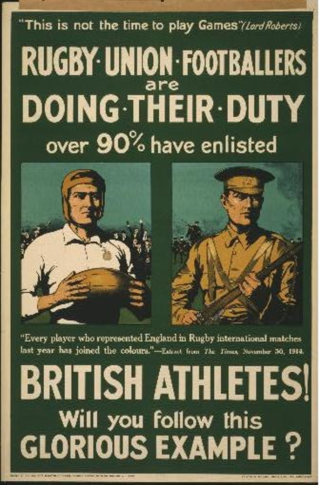 Plakat mit zwei Rugbyspielern in Uniform, mit Text über britische Athleten, die sich melden und ihre Aufgaben.
