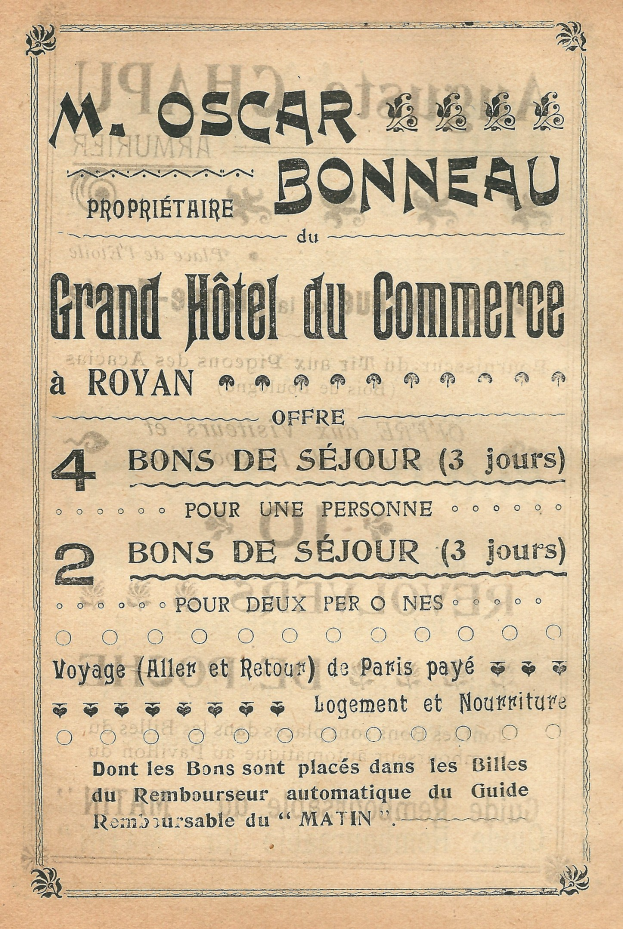 Anzeige für das Grand Hotel du Commerce in Paris mit Text über die Hotelangebote auf altem Papier.