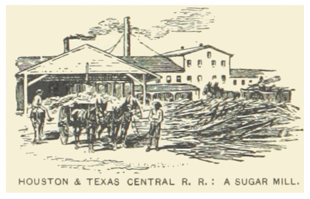 Plakat der Houston & Texas Central R.R. Zuckerfabrik mit Menschen, Pferden und Gebäuden im Hintergrund, mit der Beschriftung "Zuckerfabrik" unten.