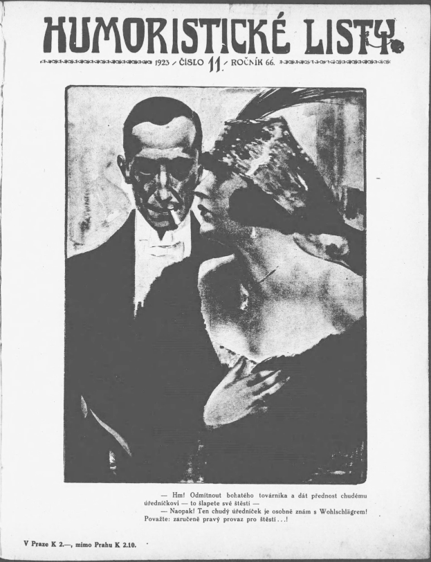 Schwarze und weiße Zeitschriftentitel 'Humoristische Liste' mit einem Mann im Anzug mit ernstem Gesichtsausdruck und einer Frau, die verschmitzt wegsieht.