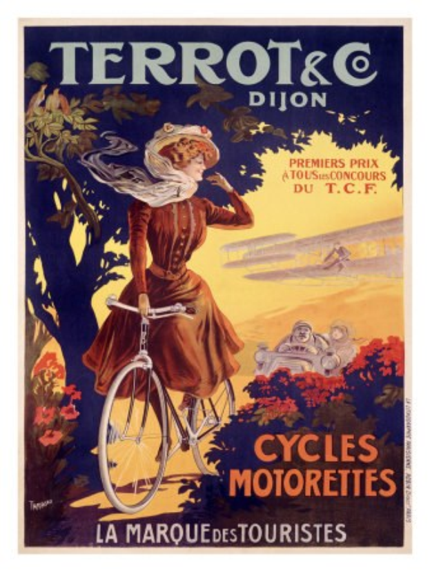 Plakat für eine Fahrradtour in Frankreich, das eine Frau auf einem Fahrrad umgeben von Bäumen, Blumen und anderen Radfahrern zeigt, mit Text, der die Tour beschreibt.