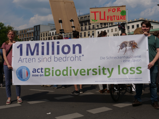 Eine Gruppe von Menschen, die auf einer Straße stehen und ein Banner halten, auf dem "1 Million handelt für den Erhalt der Artenvielfalt" steht, mit Gebäuden, Bäumen und einem klaren blauen Himmel im Hintergrund.