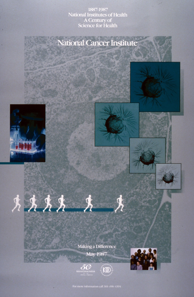 Buntes Plakat für das National Cancer Institute mit blauem Hintergrund und weißer Schrift, das einen Kreis aus überlappenden Bildern von lächelnden Menschen verschiedenen Alters, Geschlechts und Ethniums zeigt, die den fetten, großgeschriebenen Titel 'National Cancer Institute' umgeben.