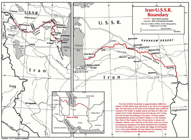 Detailierte Landkartenposter der iranisch-sowjetischen Grenze, die Länder, Grenzen, geografische Merkmale und zusätzliche Textinformationen zeigt.