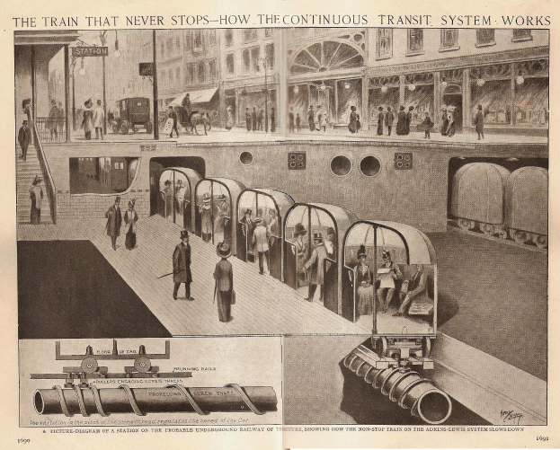 Ein Blatt mit Bildern von Menschen, Zügen und anderen Gegenständen sowie einem Text mit der Überschrift "Der Zug, der nie aufhört - wie das kontinuierliche Transit-System funktioniert".
