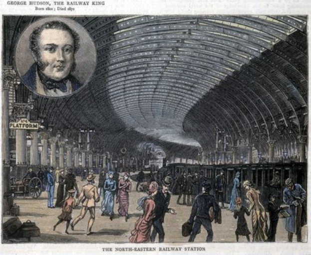 Gravur eines 19. Jahrhundert-Bahnhofs mit Menschen, Säulen und einem Wagen, mit einem Porträt von George Hudson oben und Text unten.