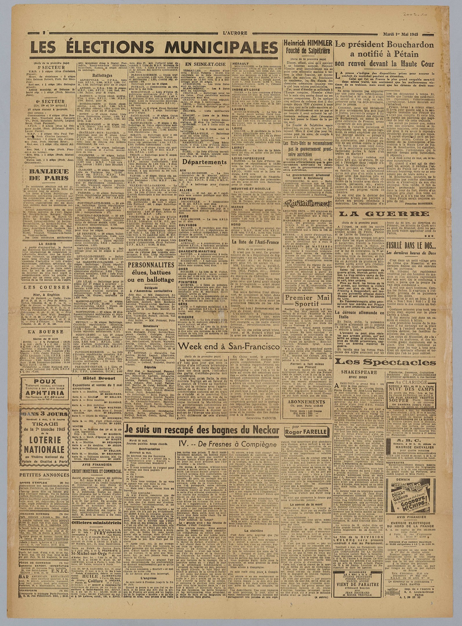 Titelseite der französischen Zeitung *Les Élections Municipales* mit weißem Hintergrund, gefüllt mit Text über Kommunalwahlen.