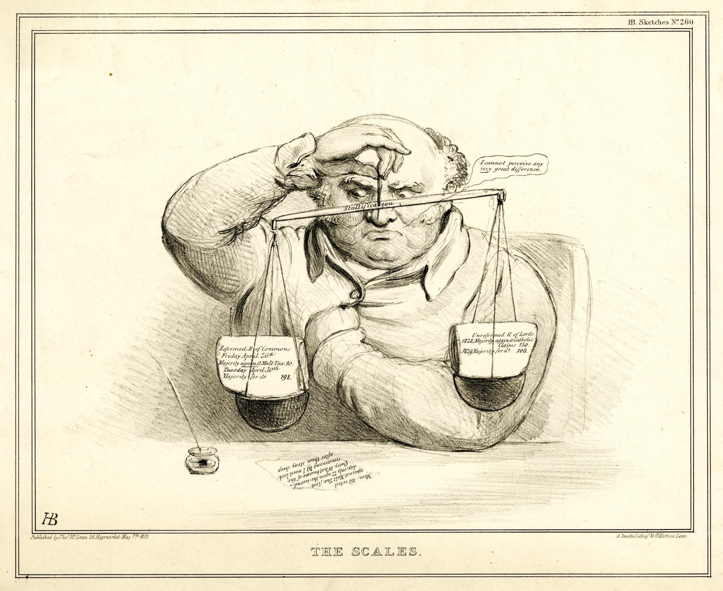 Ein Anwalt im Anzug sitzt an einem Tisch mit einer Waage vor sich und durchsucht Dokumente mit Text und Zahlen.