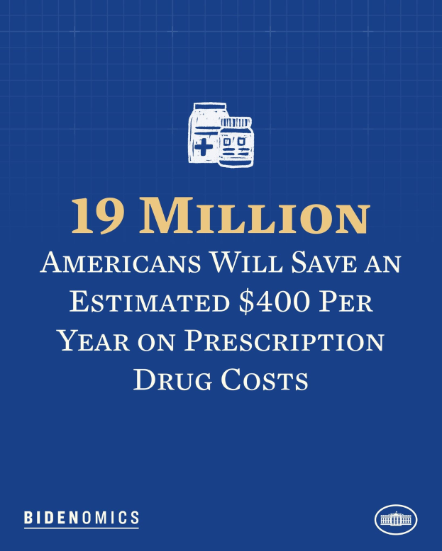 Blauer Hintergrund mit weißer Schrift und einem Logo, das "19 Millionen Amerikaner werden geschätzte 400 USD pro Jahr an Arzneimittelkosten sparen".