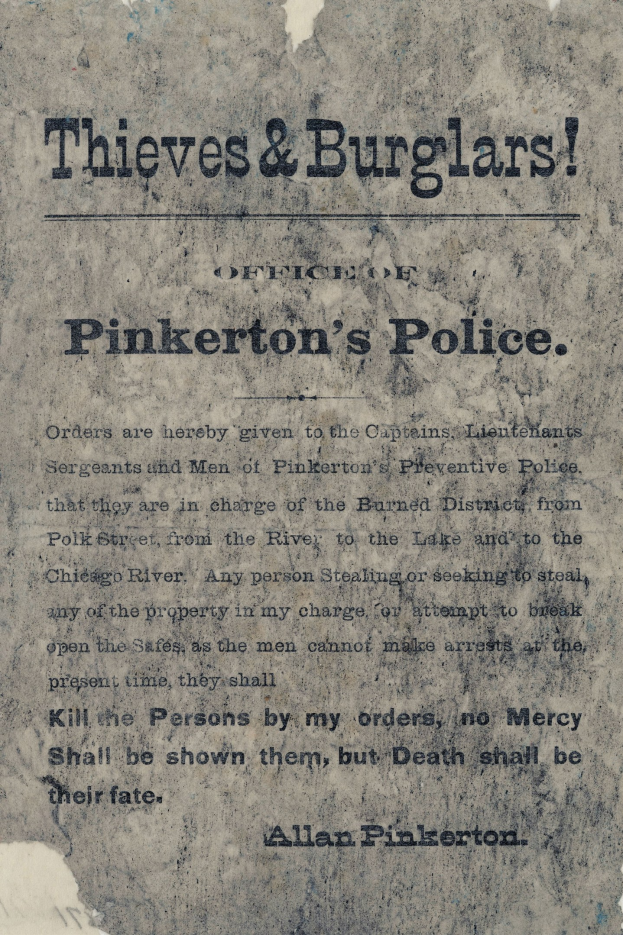 Plakat mit fetter schwarzer Schrift "Diebe & Einbrecher Pinkertons Polizei" auf einem weißen Hintergrund, umrandet von einem schmalen schwarzen Rand.