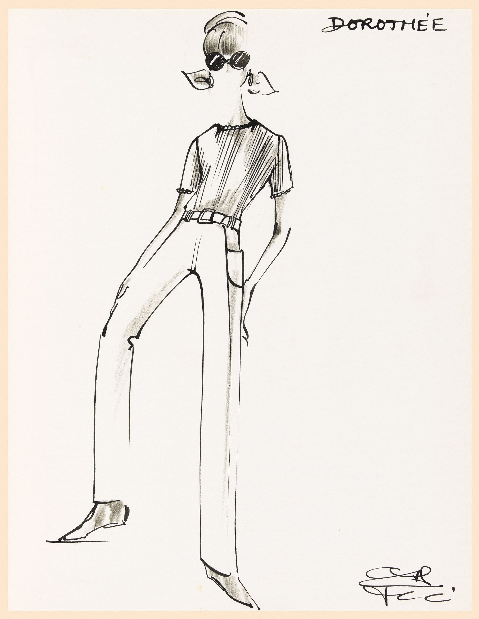 Eine realistische Skizze einer Frau in einem hellfarbenen hochgeschlossenen Kleid mit langen Ärmeln, schwarzen High Heels und Sonnenbrille, die selbstbewusst mit einem glatten Bob steht, beschriftet mit "Dorothee Schumacher."