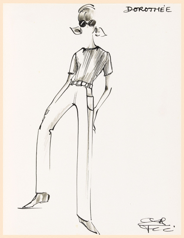 Eine realistische Skizze einer Frau in einem hellfarbenen hochgeschlossenen Kleid mit langen Ärmeln, schwarzen High Heels und Sonnenbrille, die selbstbewusst mit einem glatten Bob steht, beschriftet mit "Dorothee Schumacher."