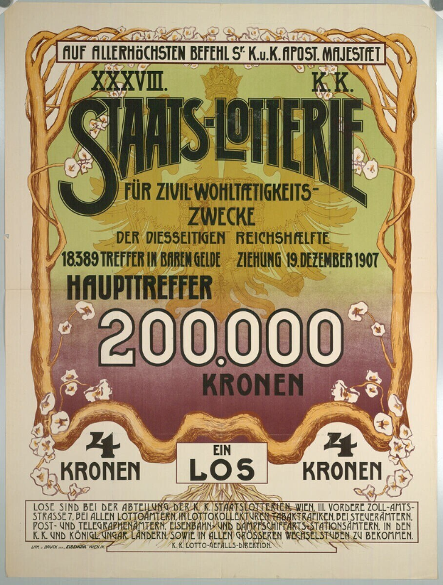 Plakat an einer Gebäudewand, das eine Lotterie mit Text, Zahlen und einem Bild von Bargeld bewirbt.