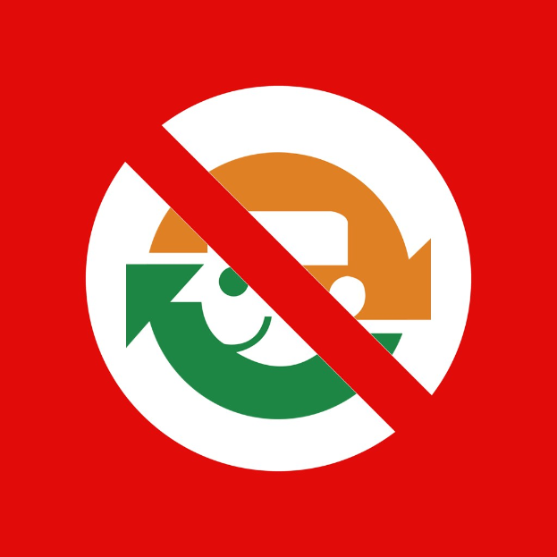 Ein rotes und weißes Schild mit einem nach rechts zeigenden Pfeil auf einem weißen Hintergrund trägt die schwarze Schrift "Keine Wiederverwertung".