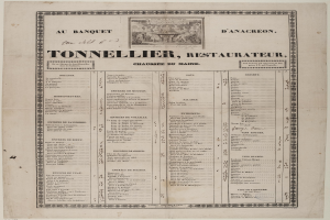 Ein altes Buch mit einer Restaurantkarte, das Text und ein Bild enthält, das die Angebote des Restaurants beschreibt.