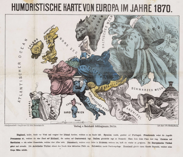 Plakat mit der "Humoristischen Karte von Europa im Jahre 1870" mit einer Karte von Europa umgeben von Karikaturen.