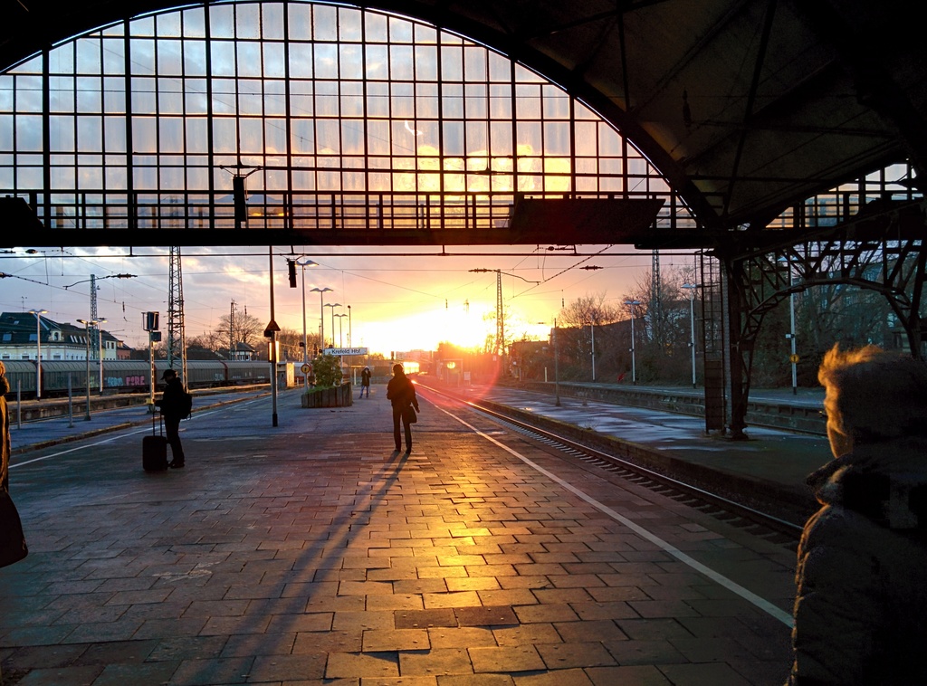 Ein Bahnsteig mit einigen Menschen, ein Zug auf der linken Seite, zahlreiche Pfosten um den Zug herum, Sonnenstrahlen auf dem Bahnsteig, Bäume auf der rechten Seite und ein Dach darüber.