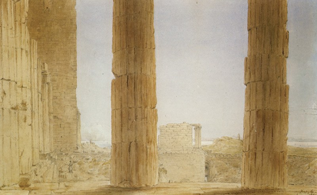 Malerisches Bild der Ruinen des Tempels von Olympian Zeus in Athen, Griechenland, mit Menschen zwischen Säulen und Felsen unter einem bewölkten Himmel.