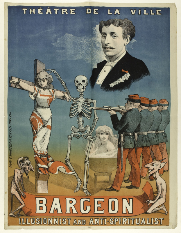 Plakat für das Théâtre de la Ville in Paris mit einem Skelett mit ausgestreckten Armen, umgeben von aufgeregten Menschen, mit fetter Schrift 'Bargeon Illusionist und Anti-Spiritualist'.