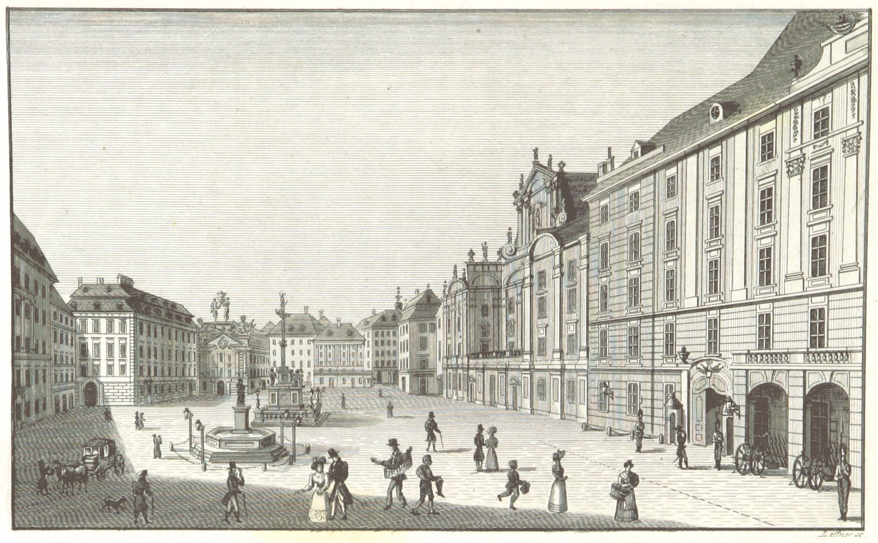 Eine Zeichnung eines Stadtplatzes mit Menschen, die herumgehen, einem zentralen Brunnen und Gebäuden mit Fenstern auf beiden Seiten, mit Text unten.