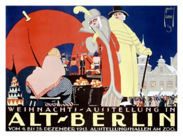 Plakat für eine Weihnachtsausstellung in Alt-Berlin mit leuchtenden Illustrationen von Menschen, Gebäuden und Gegenständen und dem Text "Weihnachtsausstellung in Alt-Berlin" oben.