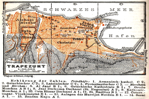 Ein detaillierter alter Stadtplan von Trapezunt, Deutschland, der Stra├čen, Geb├Ąude, Landmarken und Text zeigt, der Informationen ├╝ber die Bev├Âlkerung, Stra├čen und Landmarken der Stadt liefert.