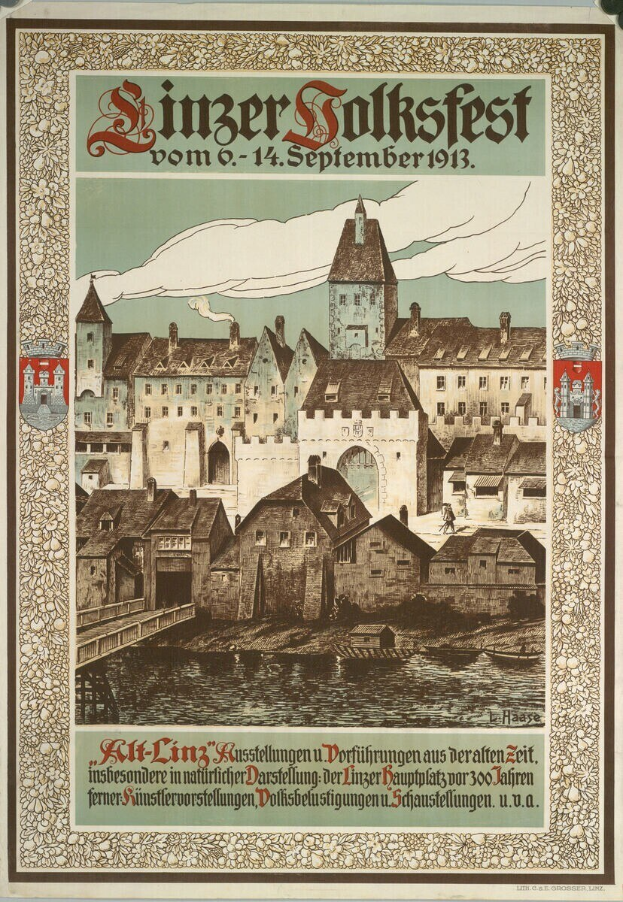 Altes deutsches Festivalplakat mit einer Burg- und Häuser-Illustration, begleitet von Text.