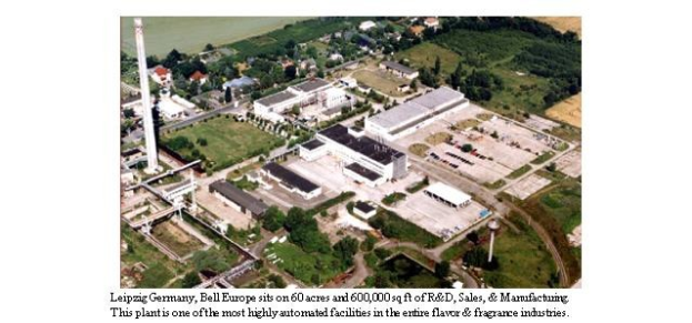 Luftaufnahme eines großen Industriegebiets in Leipzig, Deutschland, beschriftet mit 'Bell Europe', mit Gebäuden, Bäumen, Straßen und Strommasten.