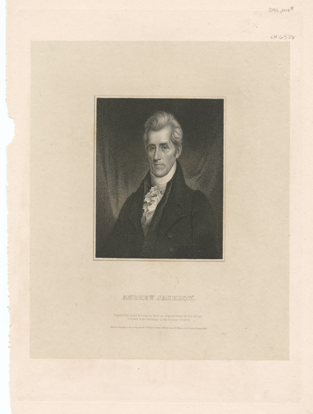 Schwarz-weißes Porträt von Andrew Jackson, dem ersten US-Präsidenten, in einem Anzug mit ernstem Gesichtsausdruck, mit Text unten.