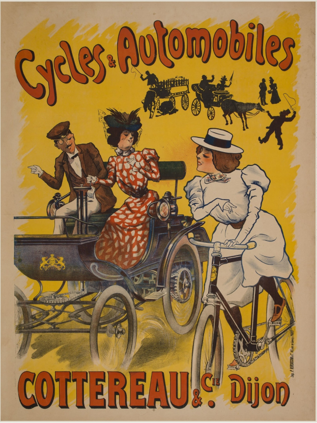 Plakatwerbung für Fahrräder und Automobile in Cottereau und Dijon, Frankreich, mit Menschen auf Fahrrädern und einer Kutsche, sowie dem Text "Fahrräder und Automobile" oben.